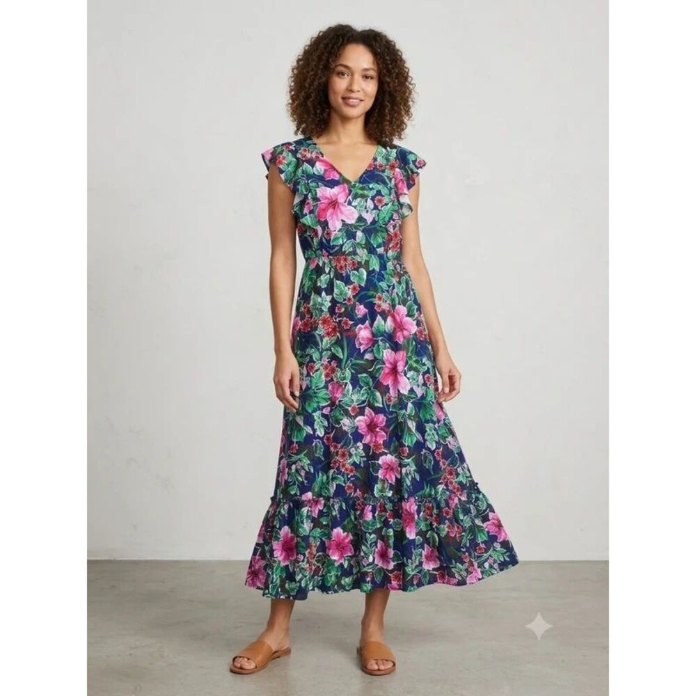C. Wonder Cottagecore Resort Tropical Floral Ruffle Tiered Maxi Dress MP Petite
